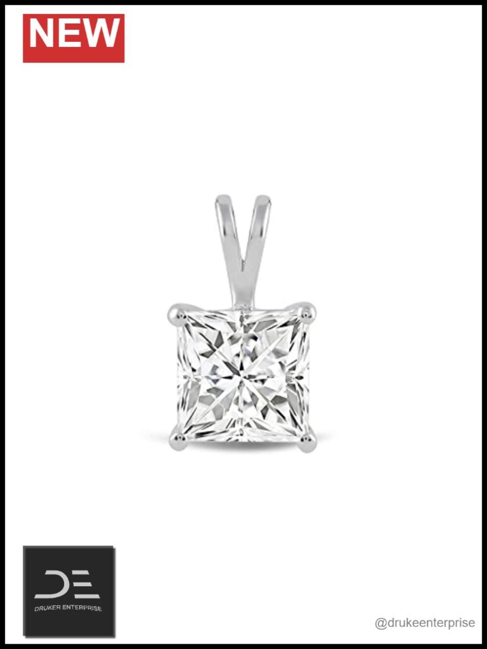 14K White Gold Princess Cut Solitaire Pendant Necklace Cubic Zirconia 18" Chain